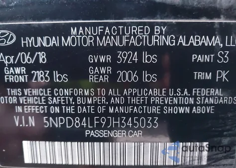 2018 Hyundai Elantra Sel z USA, uszkodzony, nr VIN 5NPD84LF9JH345033